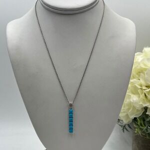 A/M Sterling Silver Six Turquoise Stone Linear Bar Pendant White Topaz Necklace‎